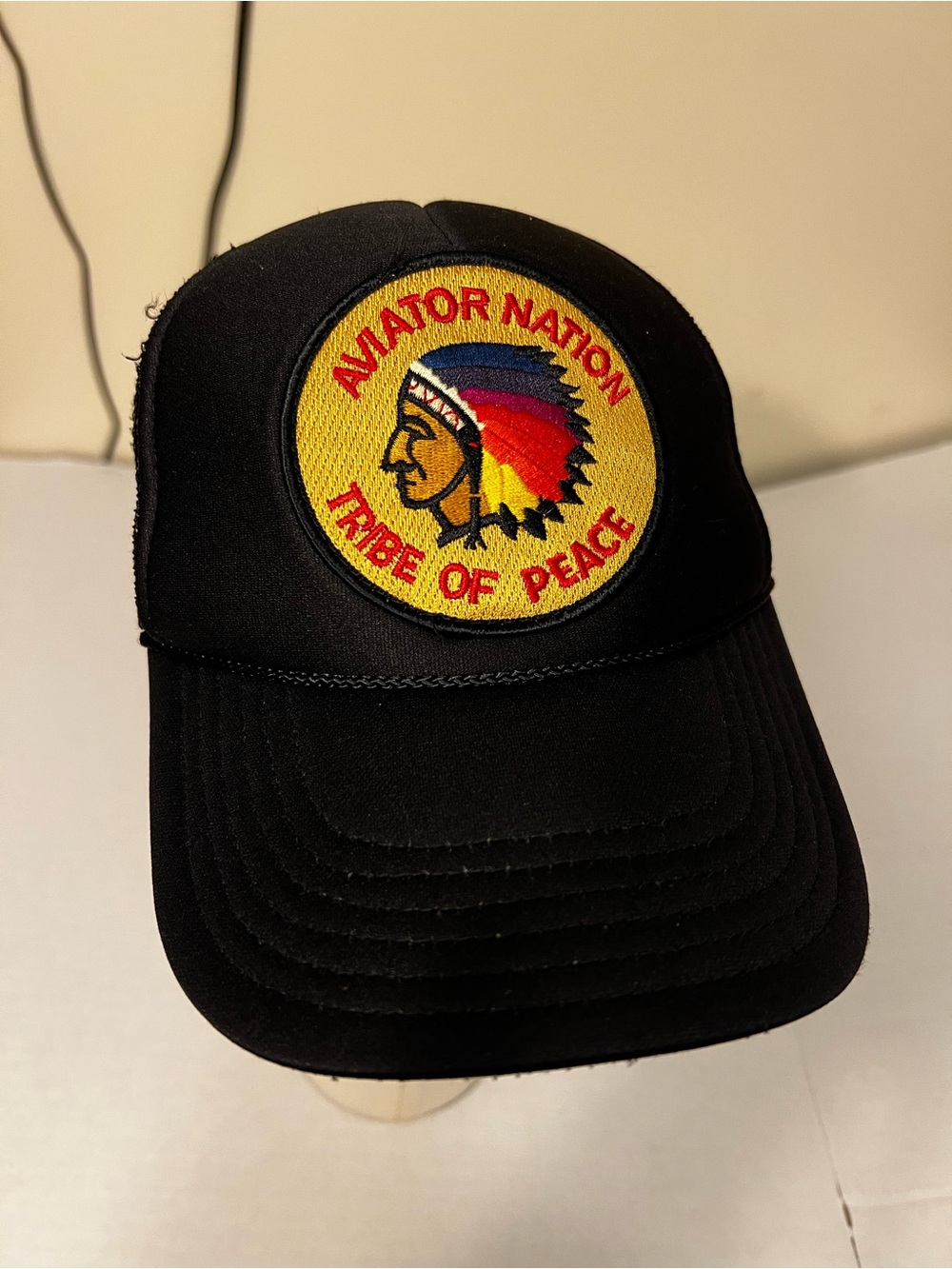 Aviator Nation Black Trucker Cap with Colorful 'Tribe of Peace' Patch